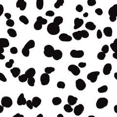 Animal seamless pattern, dalmatian skin vector background, black chaotic spots, with brush texture
