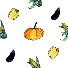 Seamless pattern illustration with vegetables(pepper,eggplant,pumpkin and corn) isolated on white background - 398260637