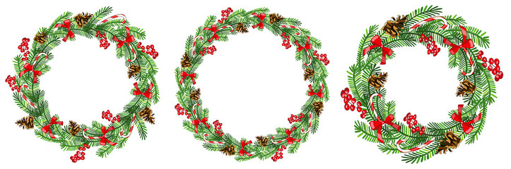 Vector christmas seamless border with mistletoe, spruce cone, spruce branches, poinsettia