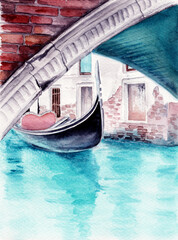 Watercolor illustration of the Venetian canal with a floating gondola and old houses in the background
