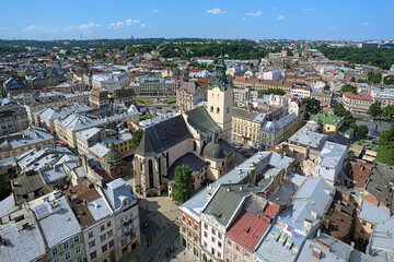 Fototapeta na wymiar View of Latin Cathedral (Archcathedral Basilica of the Assumption of the Blessed Virgin Mary) from the tower of Lviv City Hall, Lviv, Ukraine