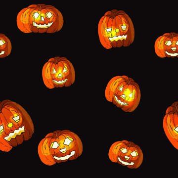 Halloween seamless background with pumpkin. Vector hand drawn pattern.