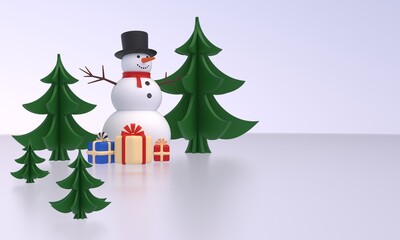 Snowmen, Christmas trees, gift boxes on ice. Idea for New Year, Christmas banner, greeting card, design element. 3D rendering