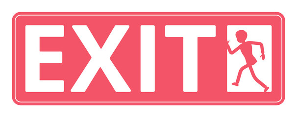 Emergency door exit sign, red safety evacuation indicator. Running man pictorial international representation, arrow showing the escape route, public facility. Vector flat style cartoon illustration