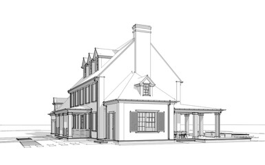 3d rendering of modern cozy classic house in colonial style with garage and pool for sale or rent with beautiful landscaping on background. Black line sketch with soft light shadows on white backgroun