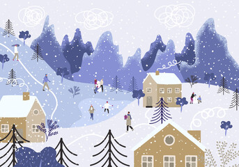 Holidays with the family outdoors. People walk in the fresh air on a winter vacation, skate, mold snigovika. Nice illustration for New Year and Christmas. Vector illustration