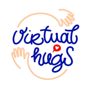 Virtual hugs line icon, vector modern lettering with hugging arms. Clipart image isolated on white background. Social media connection. Hugging phrase
