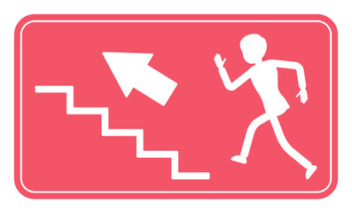 Emergency upstairs exit sign, red safety evacuation indicator. Running man pictorial international representation, arrow showing escape route, public facility. Vector flat style cartoon illustration