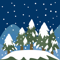 Winter night landscape with snow. Pine forest. Flat design. Christmas and Happy New Year illustration.