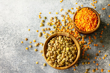Raw of legumes red lentils and canadian lentils. Healthy food, dieting, vegan protein source. Flat lay top view. Copy space.