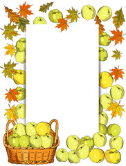 Square template with apples, apple slices. Hand drawn food illustration.