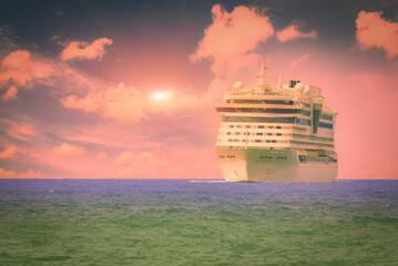 Fototapeta na wymiar Cruise ship front view mooring in the sea, large luxury white cruise ship liner retro filter.