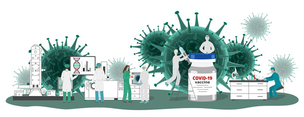 Covid-19 coronavirus vaccine development concept with people characters scientists and doctors in research medical laboratory. Scene with viruses on banner. Vector illustration