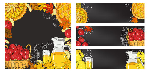 Horizontal banners with apples, apple slices, apple pies, apple juice jug, basket