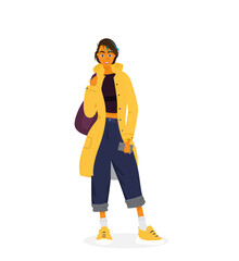 Young trendy girl full face with short coloured hair, nose ring, with backpack in yellow trench coat holding smartphone. Student or traveler character. Cartoon flat vector.
