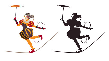 Female circus artist character in colorful suit and jester hat balancing on the rope and spinning plate and hoops and its' silhouette. Tightrope walker. Isolated on white. Cartoon vector illustration. © Александра Гвардейце