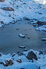 Frozen glaciers lake in high mountains, Julian alps	