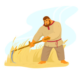 Authentic traditional strong peasant barefoot mows the grass with a hand scythe. Bogatyr in russian shirt character. Rural worker. Strong man. Harvesting rye. Cartoon vector illustration.