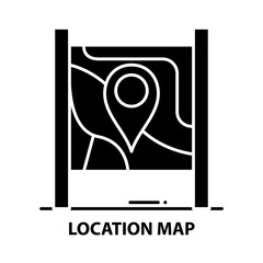 location map icon, black vector sign with editable strokes, concept illustration