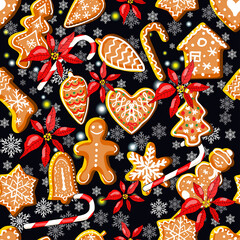 Endless texture with traditional Christmas symbols. Seamless vector pattern for your festive design, fabrics