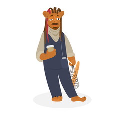 Monster Character Design Cartoon Vector Illustration. Melancholic Hipster Fluffy  Monster With Earphones In Overall With Shopper And Coffee Cup. Isolated On White.