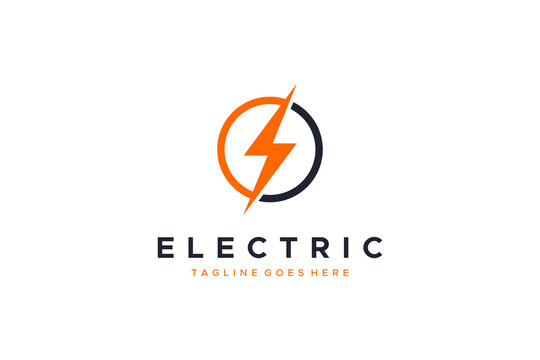 Initial Letter S Electricity Logo. Orange Thunderbolt Flash Icon with Circle Line Frame isolated on White Background. Use For Business and Technology Logos. Flat Vector Logo Design Template Element.
