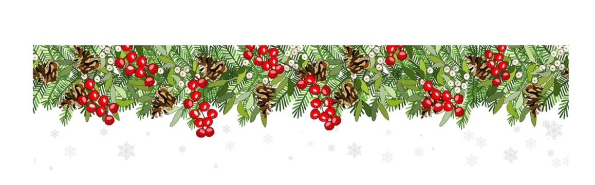 Christmas holiday decorative seamless border of tree branches with fir cone, Holly, mistletoe. Hand drawing vector illustration. Garland for cards and winter design.