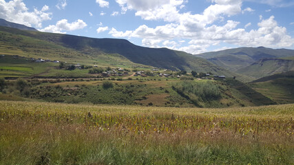 Mountain range scenery with a village in Lesotho