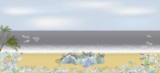 Environmental disaster of plastic debris in the ocean. Garbage on the coast in the sea.