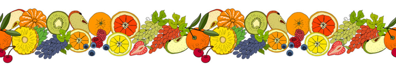 Endless vector hand drawn border with fruits and berries. Set of elements isolate on white background.