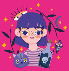 magic girl with cat and potion bottle cartoon