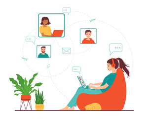 Young woman sits with laptop and talking to colleagues from home using a video call. Abstract concept of online conference, remote work, education, training, webinar. Isolated vector illustration