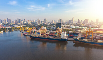 Fototapeta premium Aerial view from drone Logistics and transportation of Container Cargo ship and Cargo import/export , Business logistics concept,