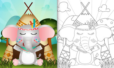 coloring book for kids with a cute tribal boho elephant character illustration
