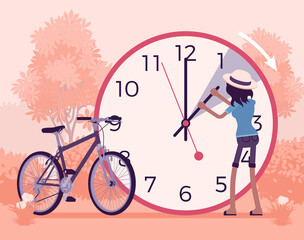 Woman shifting the clock for daylight savings time. Summer practice, advancing clocks during warmer months. Vector creative stylized illustration