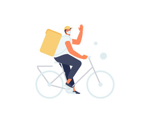Food delivery male courier on a bicycle in a protective mask. Vector illustration