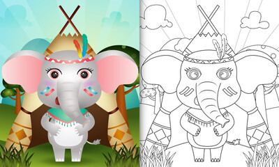 coloring book for kids with a cute tribal boho elephant character illustration