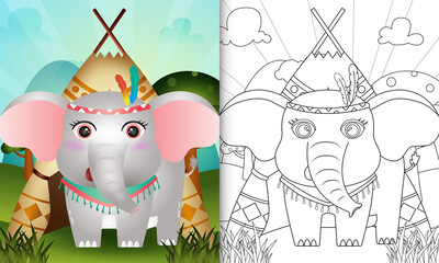 coloring book for kids with a cute tribal boho elephant character illustration