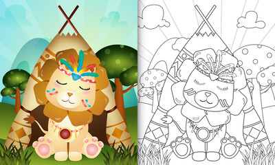 coloring book for kids with a cute tribal boho lion character illustration
