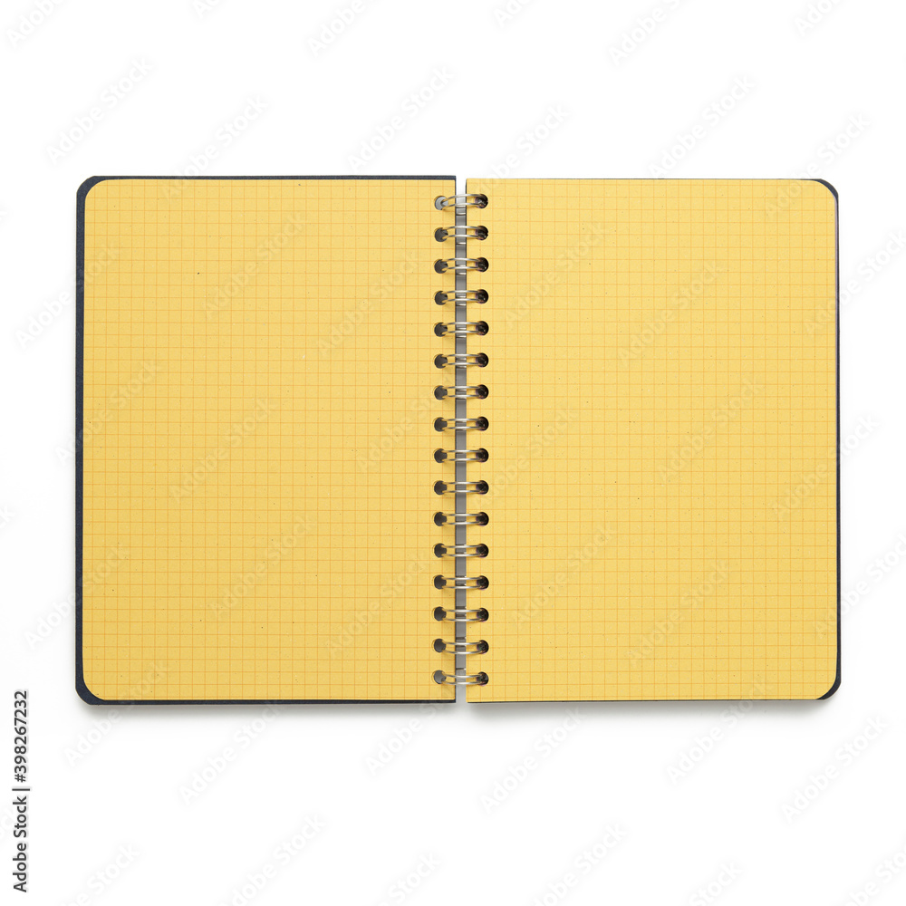 Poster opened yellow squared diary isolated on white background. study notebook, spiral empty paper organiz