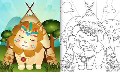 Obraz na płótnie Canvas coloring book for kids with a cute tribal boho lion character illustration