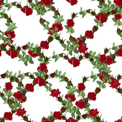 Vector heart frame of red roses flowers isolated on a white background.