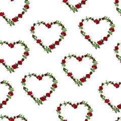 Vector heart frame of red roses flowers isolated on a white background.