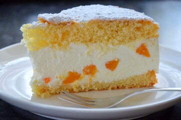 Homemade cream cheese cake with pieces of tangerines in it, powdered sugar on top, sponge cake dough, on a white porcelain plate with fork, blurred background, german and austrian speciality