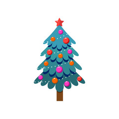 Christmas tree decorated with colorful balloons and garland isolated on a white background. Vector illustration.
