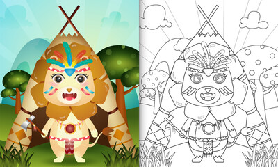 coloring book for kids with a cute tribal boho lion character illustration