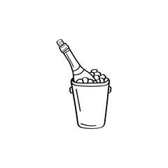 A bottle of champagne in an ice bucket. Hand-drawn champagne. Doodle element. Simple vector sketch illustration isolated on a white background