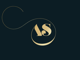 AS monogram logo.Abstract luxury typographic icon.Decorative letter a, letter s and swirl.Gold lettering sign isolated on dark background.Uppercase alphabet initials.Elegant style character shapes.