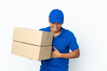 Delivery Ecuadorian man isolated on white background smiling a lot