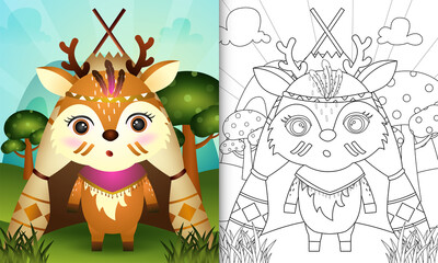 coloring book for kids with a cute tribal boho deer character illustration